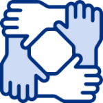 Blue icon of four hands interlocking at the wrists to form a square. The hands are shown in a simplified, stylized manner, representing unity, teamwork, and collaboration—a perfect symbol for janitorial companies.